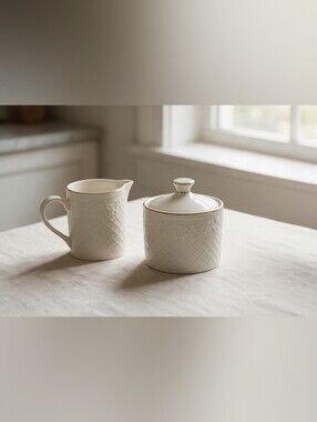 Vintage Farberware Calais Set Of 2 Lidded Sugar Bowl & Creamer Gold Trim